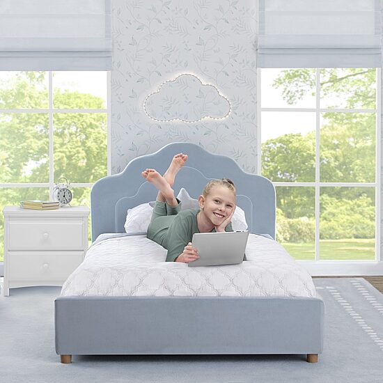 Upholstered Platform Twin Toddler Bed in Velvety Sea Breeze