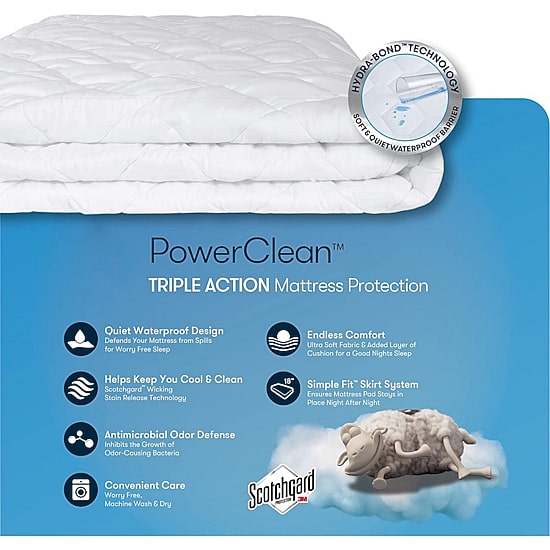 Serta Power Clean Max Action Waterproof Mattress Pad Protector with 15” Deep Pocket