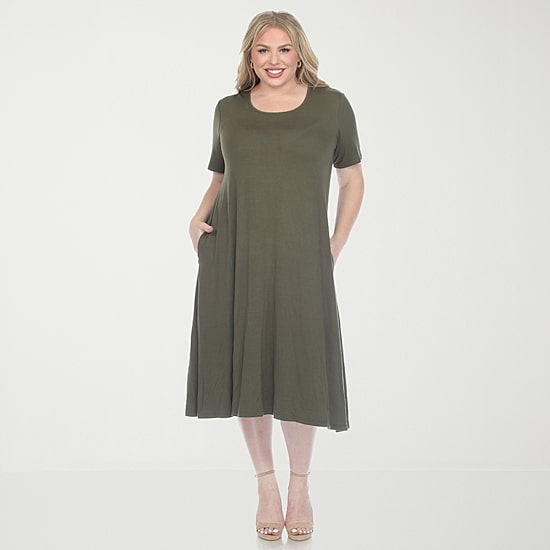 White Mark Womens Plus Midi Scoop Neck Short Sleeve A-Line Dress