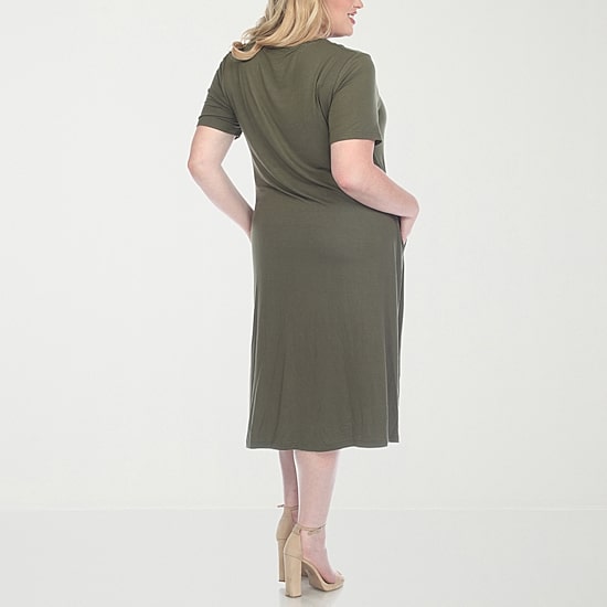 White Mark Womens Plus Midi Scoop Neck Short Sleeve A-Line Dress