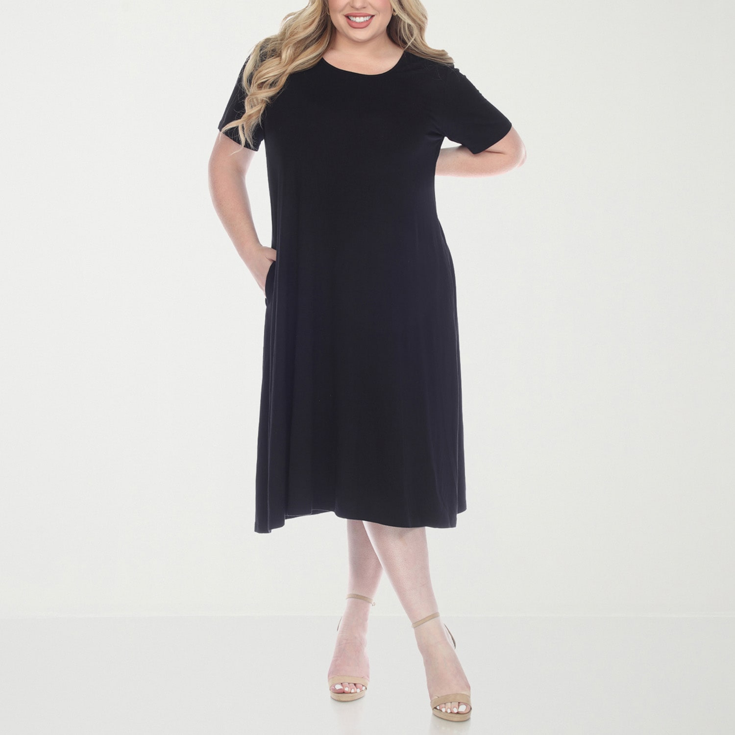 White Mark Womens Plus Midi Scoop Neck Short Sleeve A-Line Dress