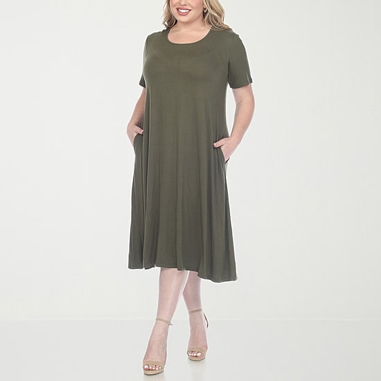White Mark Womens Plus Midi Scoop Neck Short Sleeve A-Line Dress