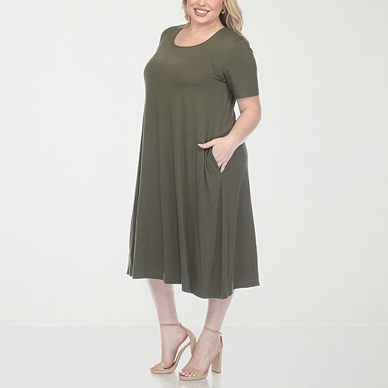 White Mark Womens Plus Midi Scoop Neck Short Sleeve A-Line Dress
