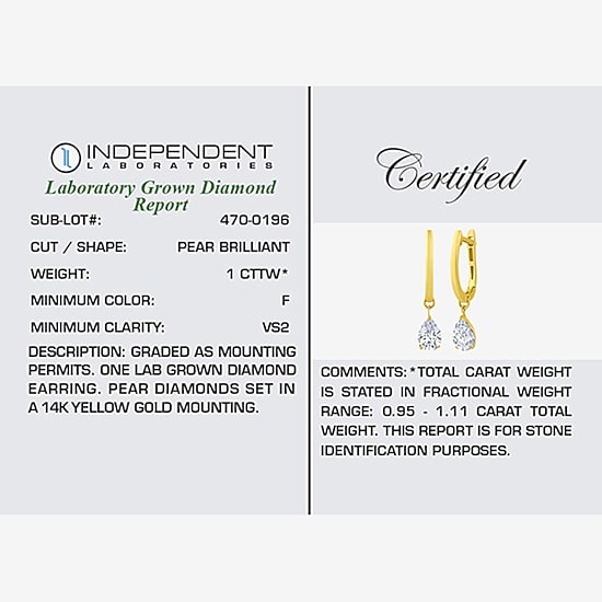 Floating Diamonds (F / Vs2) Womens 1 CT. T.W. Lab Grown White Diamond 14K Gold 23.3mm Pear Hoop Earrings