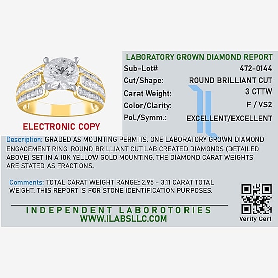 (F / Vs2) Womens 3 CT. T.W. Lab Grown White Diamond 10K Gold Round Side Stone Engagement Ring