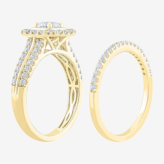 (F /Vs2) 3PC His and Hers Trio Wedding Set Featuring 1 1/2 CT. T.W. Lab Grown White Diamond 10K Gold Side Stone Wedding Bridal Set