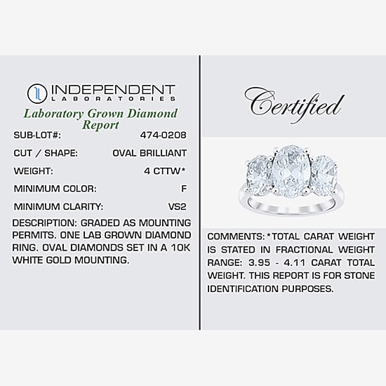 Love Lives Forever (F / Vs2) Womens 4 CT. T.W. Lab Grown White Diamond 10K Gold Oval 3-Stone Engagement Ring