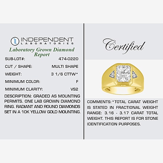 (F / Vs2) Mens 3 1/6 Ct. T.W. Lab Grown White Diamond 10K Gold Rectangular Engagement Ring