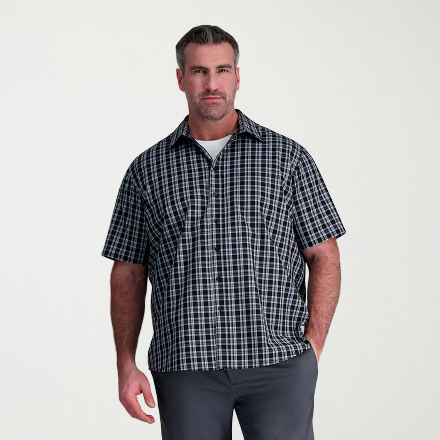 Haggar Life Khaki With Repreve Comfort Woven Mens Short Sleeve Regular Fit Stretch Fabric Big and Tall Button-Down Shirt