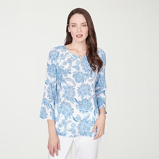 Hearts Of Palm Floral Peasant Sleeve Womens Round Neck 3/4 Sleeve Embellished Blouse