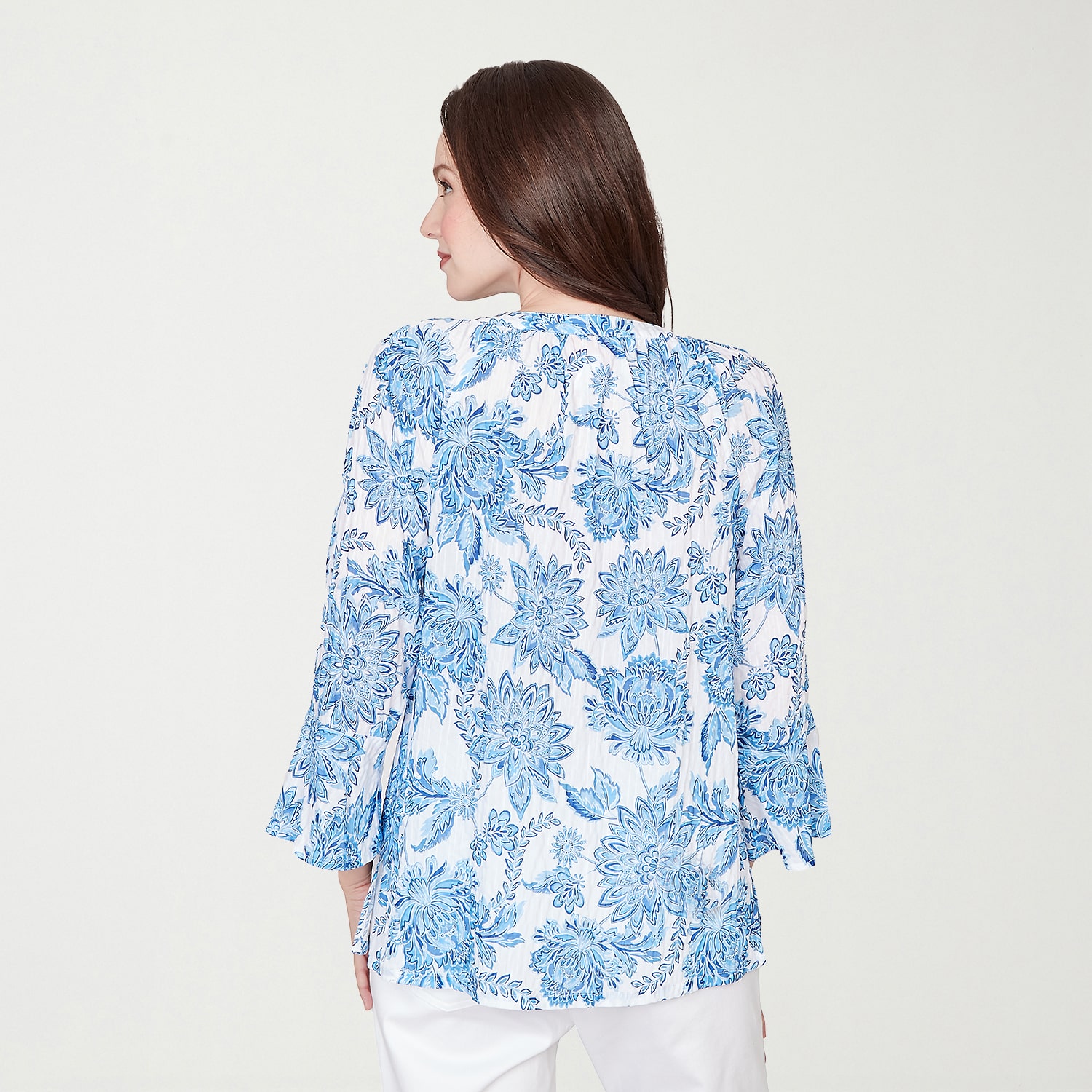 Hearts Of Palm Floral Peasant Sleeve Womens Round Neck 3/4 Embellished Blouse