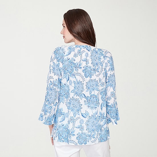 Hearts Of Palm Floral Peasant Sleeve Womens Round Neck 3/4 Sleeve Embellished Blouse