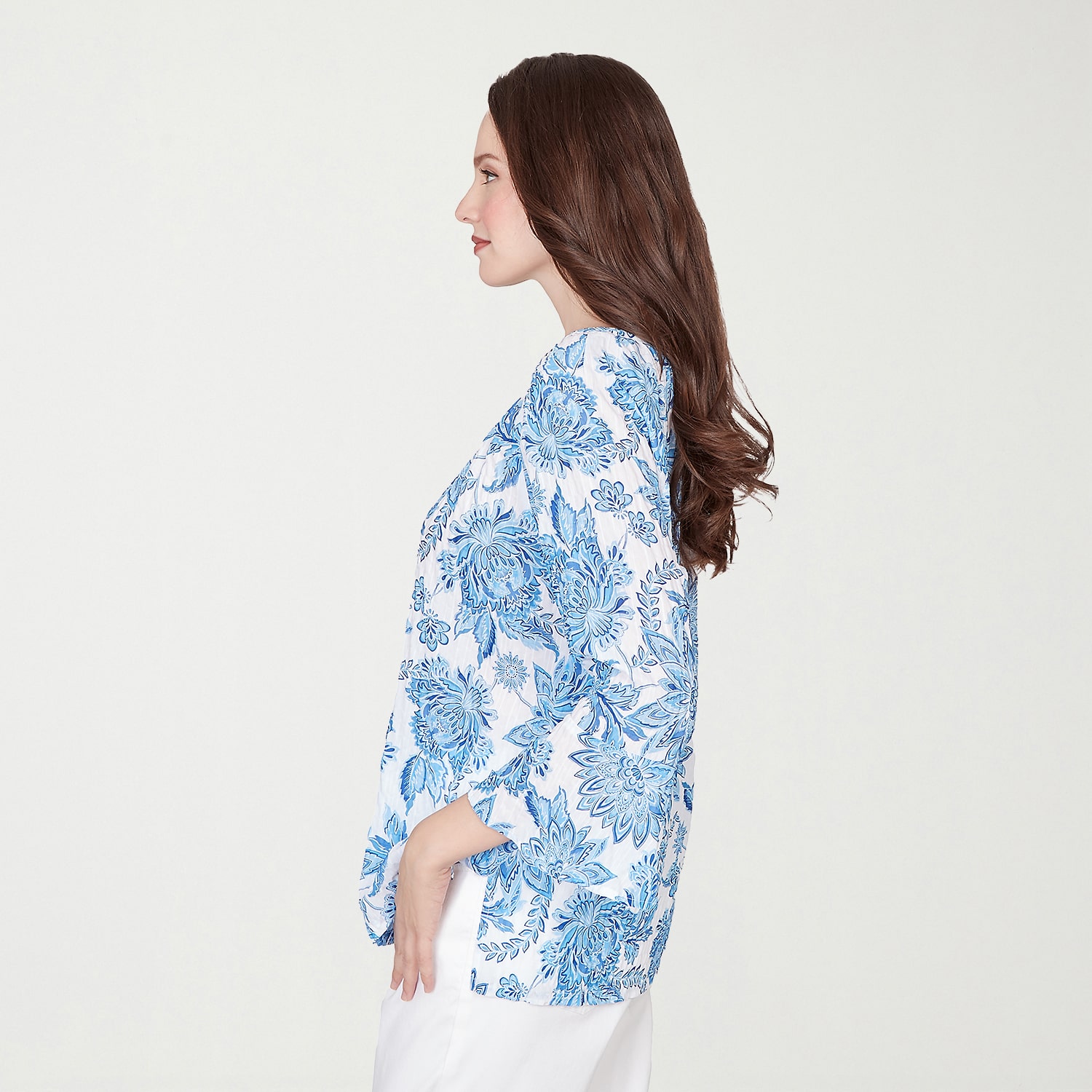 Hearts Of Palm Floral Peasant Sleeve Womens Round Neck 3/4 Embellished Blouse