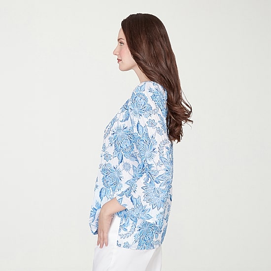 Hearts Of Palm Floral Peasant Sleeve Womens Round Neck 3/4 Sleeve Embellished Blouse
