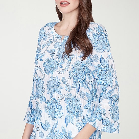Hearts Of Palm Floral Peasant Sleeve Womens Round Neck 3/4 Sleeve Embellished Blouse