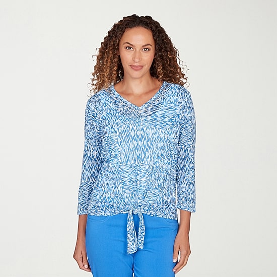 Hearts Of Palm Animal Burnout Tie Front Womens V Neck 3/4 Sleeve T-Shirt