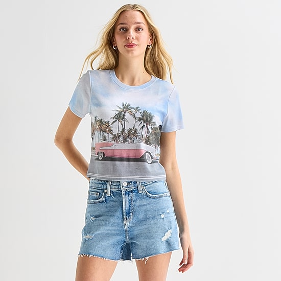 Car Baby Tee Womens Juniors Crew Neck Short Sleeve Fitted Graphic T-Shirt