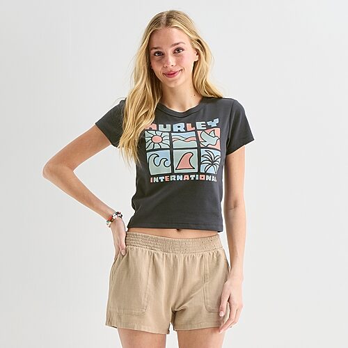 Hurley Womens Juniors Crew Neck Short Sleeve Fitted Graphic T-shirt In Black