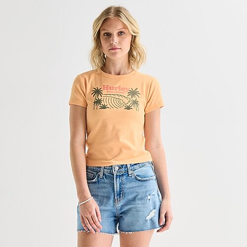 Hurley Womens Juniors Crew Neck Short Sleeve Fitted Graphic T-shirt In Orange