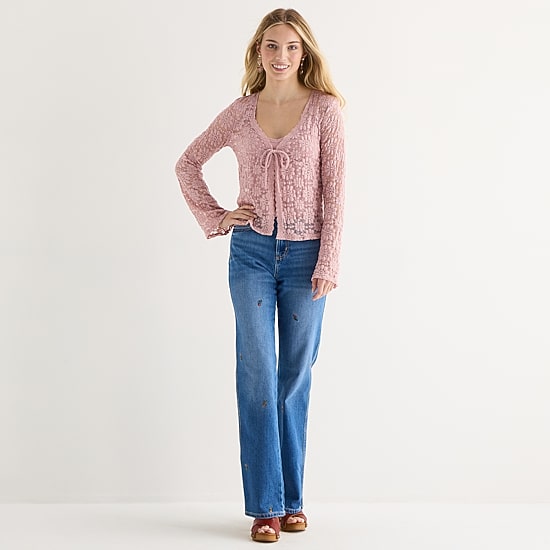 Arizona Womens Juniors Round Neck Long Sleeve Blouse