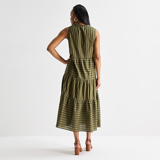 Liz Claiborne Womens Midi V Neck Sleeveless Peasant Dress