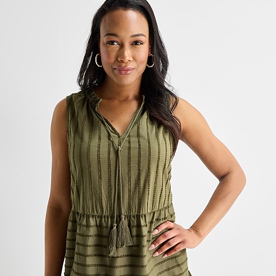 Liz Claiborne Womens Midi V Neck Sleeveless Peasant Dress