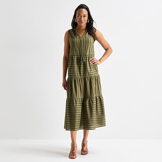 Liz Claiborne Womens Midi V Neck Sleeveless Peasant Dress
