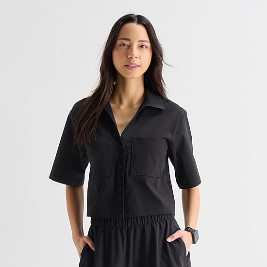 Stylus Womens V Neck Short Sleeve Camp Shirt