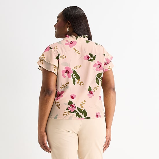 Liz Claiborne Womens Plus V Neck Short Sleeve Blouse
