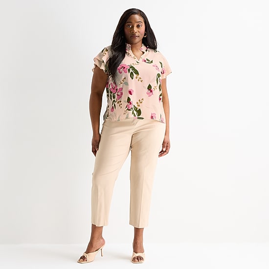 Liz Claiborne Womens Plus V Neck Short Sleeve Blouse