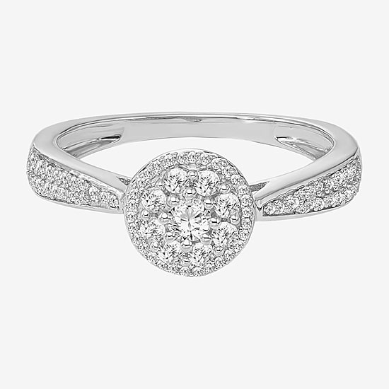 Womens 3/8 CT. Natural White Diamond 10K Gold Round Side Stone Halo Engagement Ring