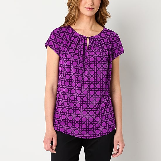 Liz Claiborne Womens Keyhole Neck Short Sleeve Blouse
