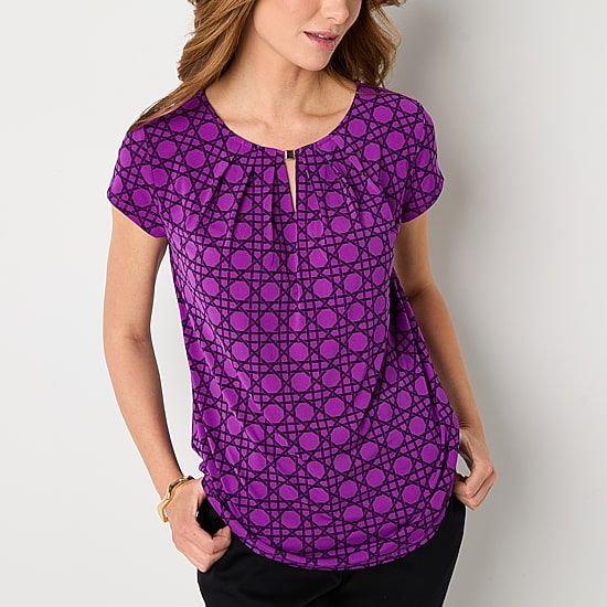 Liz Claiborne Womens Keyhole Neck Short Sleeve Blouse
