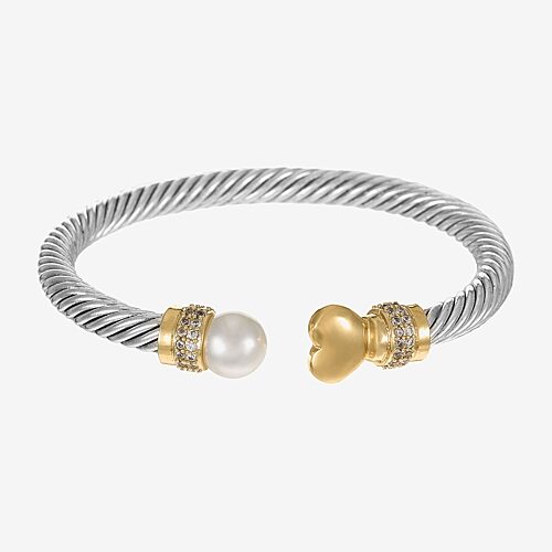 Sparkle Allure Rope Twist Cuff Womens Cubic Zirconia Simulated Pearl 14K Gold Over Brass Pure Silver Over Brass Heart Bangle Bracelet, One Size, Silve