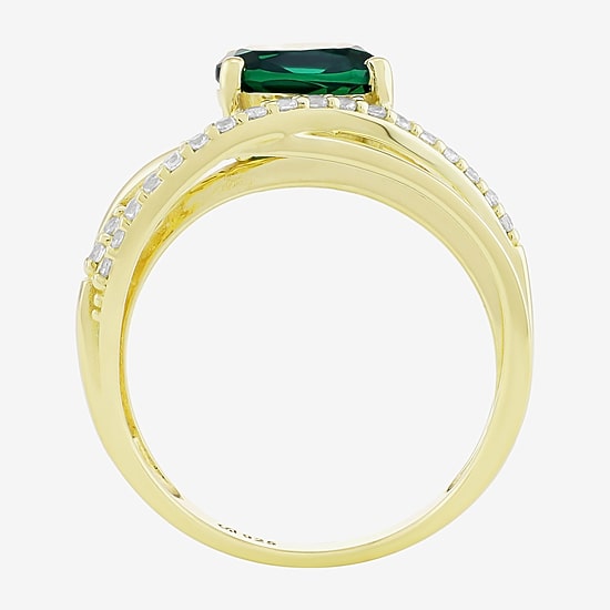Womens Lab Created Green Emerald 14K Gold Over Silver Oval Crossover Cocktail Ring