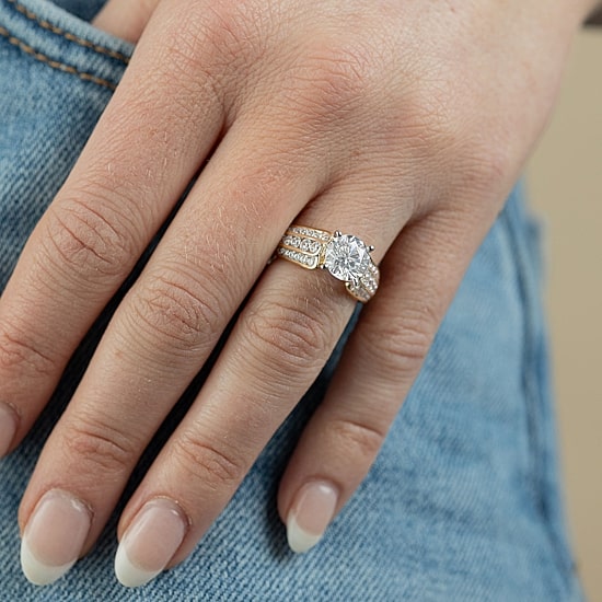 (F / Vs2) Womens 3 CT. T.W. Lab Grown White Diamond 10K Gold Round Side Stone Engagement Ring