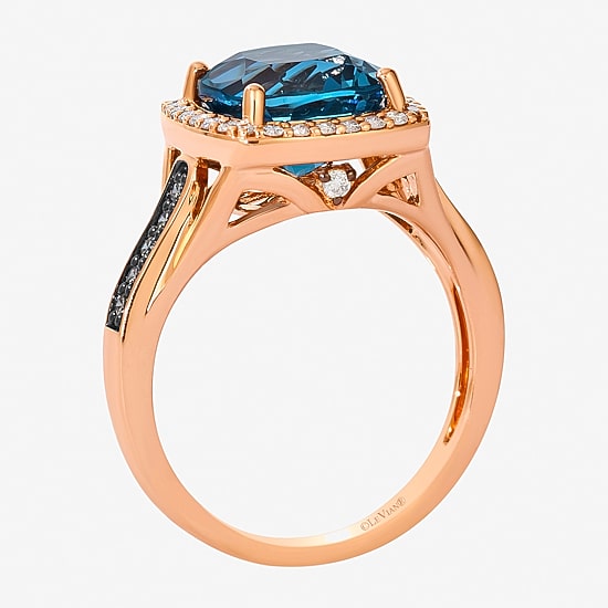 Le Vian Womens Genuine Blue Topaz 14K Gold Halo Side Stone Cocktail Ring