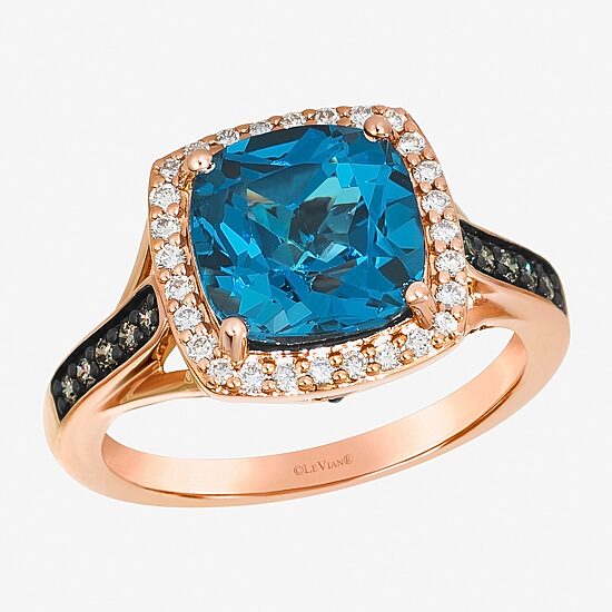 Le Vian Womens Genuine Blue Topaz 14K Gold Halo Side Stone Cocktail Ring