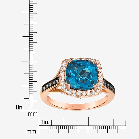Le Vian Womens Genuine Blue Topaz 14K Gold Halo Side Stone Cocktail Ring