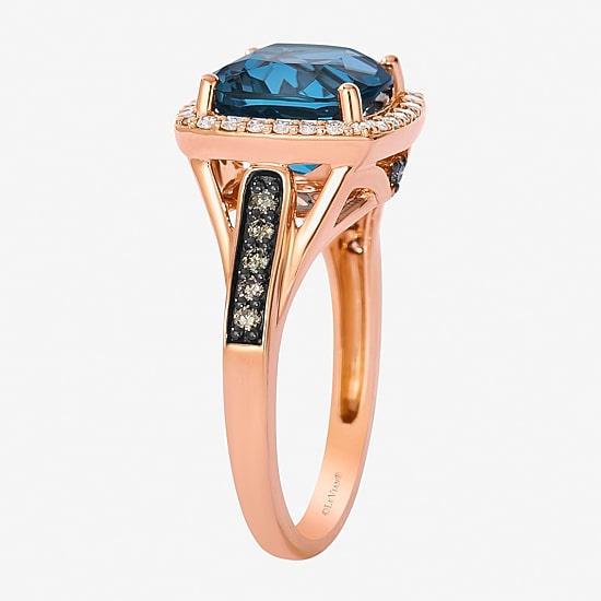 Le Vian Womens Genuine Blue Topaz 14K Gold Halo Side Stone Cocktail Ring