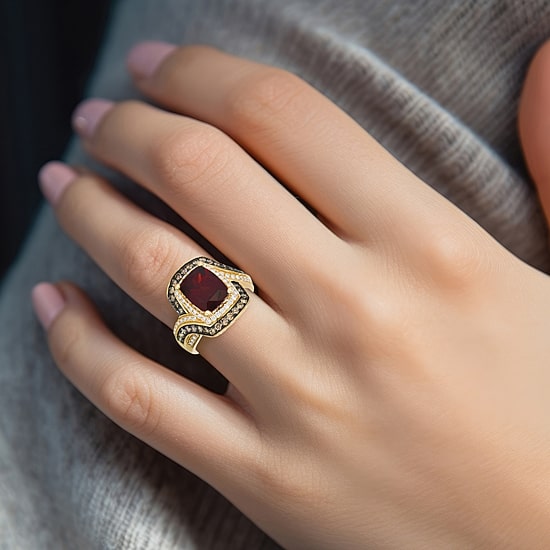 Levian Corp Womens Genuine Red Garnet 14K Gold Halo Side Stone Cocktail Ring