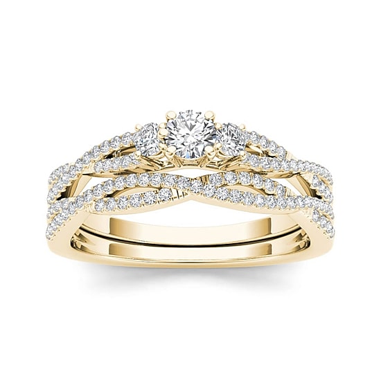 1/2 CT.T.W. Natural Diamond 14K Yellow Gold Crossover Bridal Ring Set