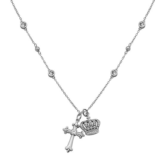 Diamonart Womens White Cubic Zirconia Sterling Silver Cross Crown 16 1/2 Inch Pendant Necklace