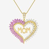 "Mom" Womens Lab Created Pink Sapphire 14K Gold Over Silver Heart 18 Inch Pendant Necklace