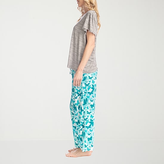 Muk Luks Womens Round Neck Short Sleeve 2-pc. Pajama Set