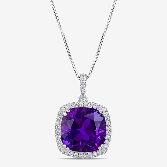 Womens Lab Created Purple Amethyst Sterling Silver Cushion 18 Inch Pendant Necklace