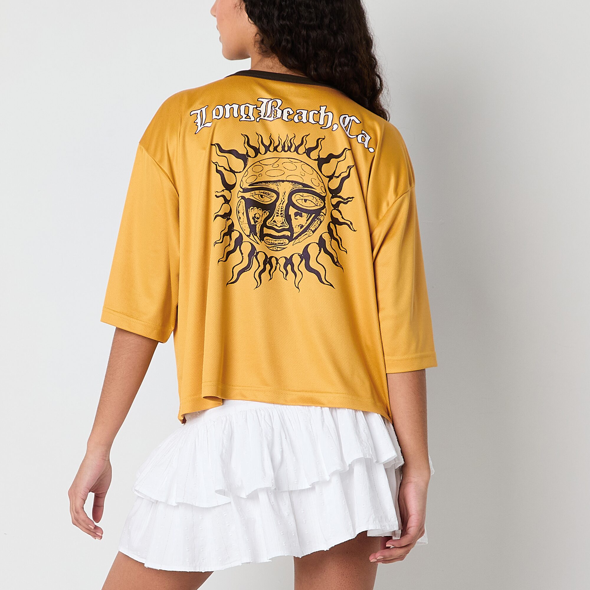 New World Sublime Cropped Mesh Jersey Womens Juniors Crew Neck Elbow Sleeve Oversized Graphic T-Shirt