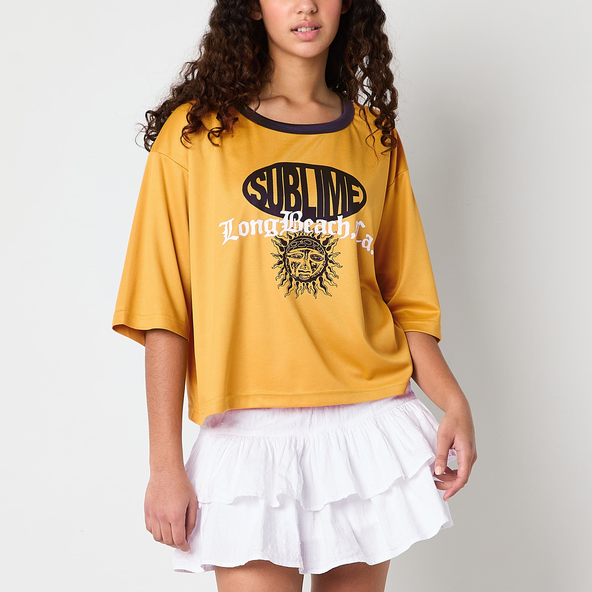 New World Sublime Cropped Mesh Jersey Womens Juniors Crew Neck Elbow Sleeve Oversized Graphic T-Shirt