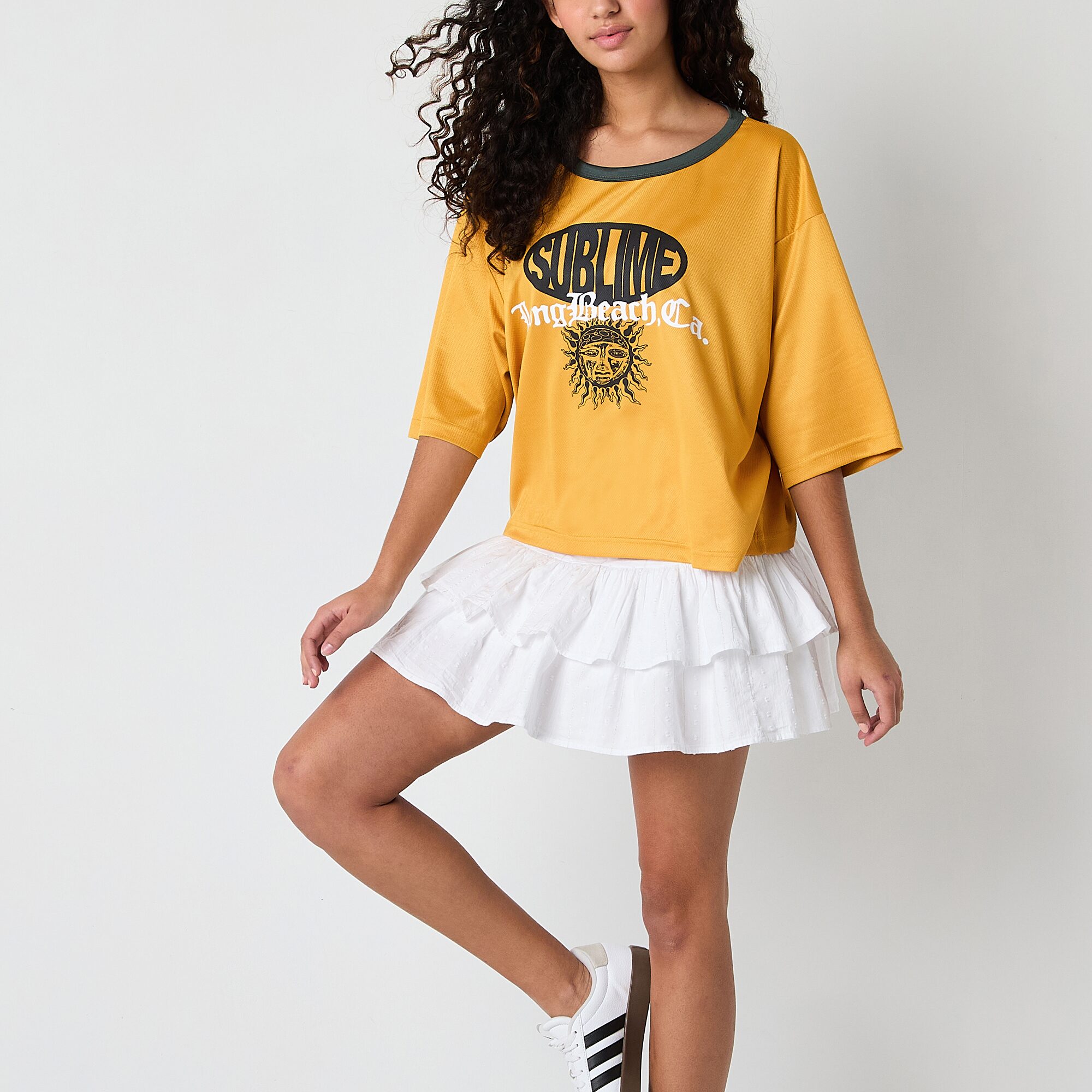New World Sublime Cropped Mesh Jersey Womens Juniors Crew Neck Elbow Sleeve Oversized Graphic T-Shirt