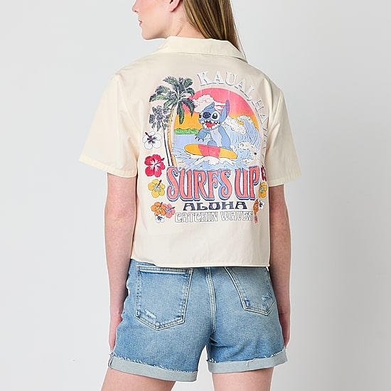 Womens Juniors Short Sleeve Lilo & Stitch Camp Shirt